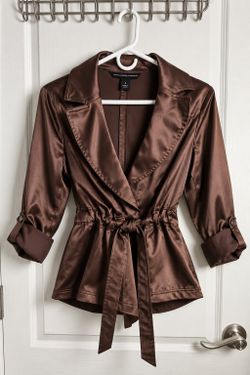 White House Black Market Brown Satin Belted Jacket Size 6