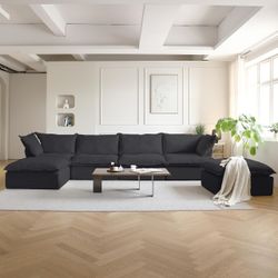 Cloud Couch 6-Piece Linen Modular Sectional Sofa Deep Seat with Storage Ottoman In Black