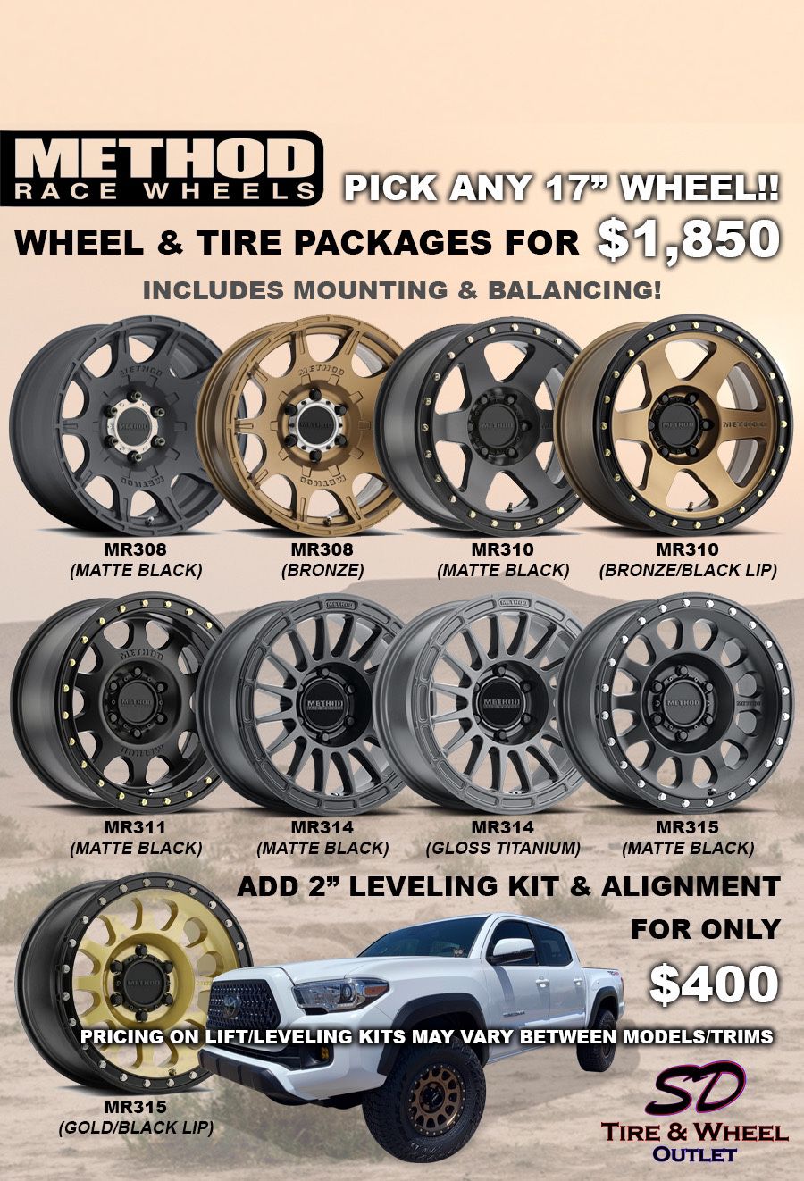 17” Method Wheel & Tire Package with All Terrain Tires (Includes Mounting & Balancing) 4 Brand New Wheels/Tires. Fits Toyota Tacoma/4Runner/FJ Cruiser
