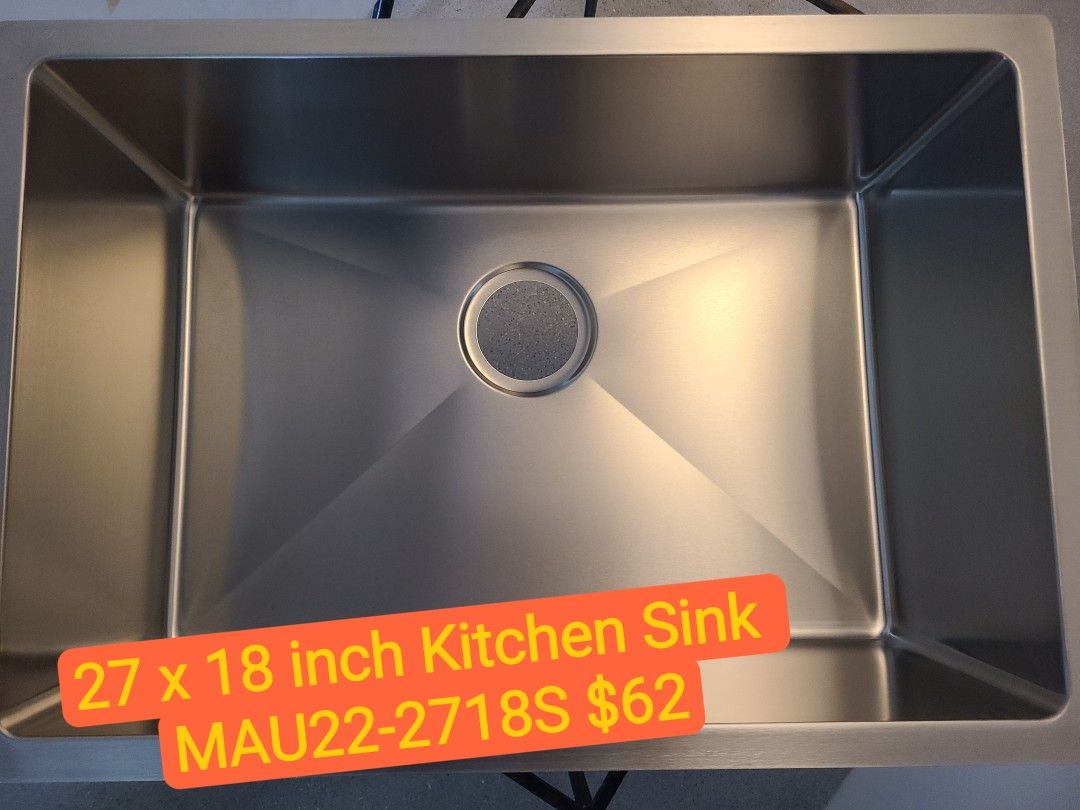27 x 18 inch Kitchen Sink 18 Gauge Single Bowl, MAU22-2718S