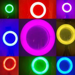8” RGB RING LIGHT WITH 14 MULTI COLOR switching,50” tall tripod and 1 flexible table-top tripod stand with vanity mirror,phone holder,and remote