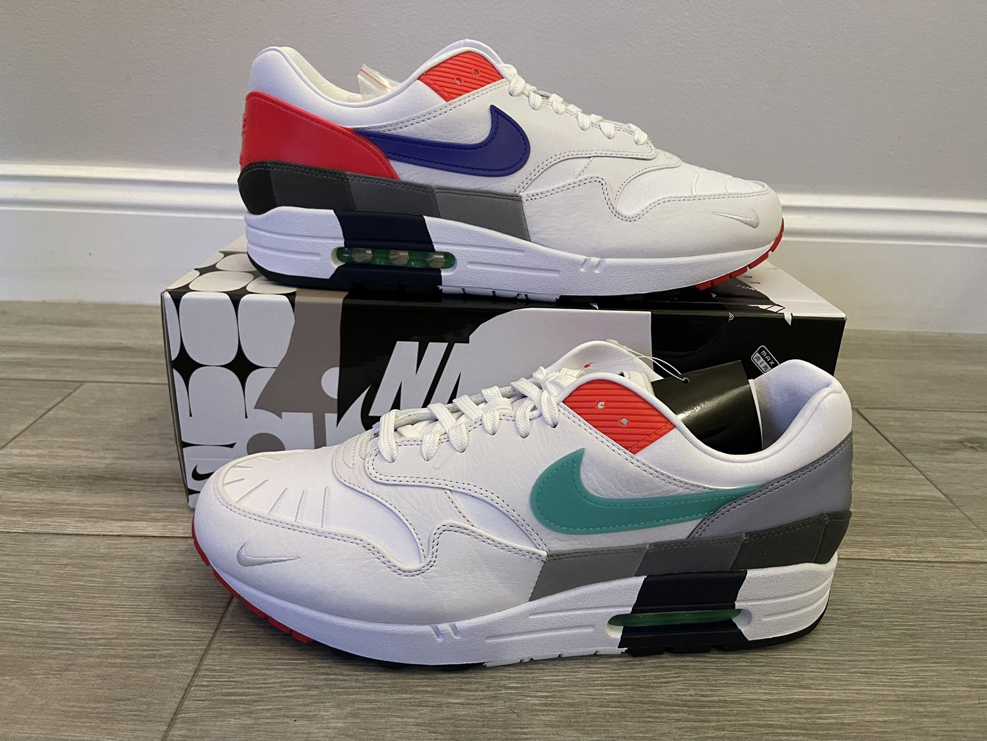 Nike Air Max 1 Evolution of Icons CW6541-100 White Teal Silver Black Size 12 Shoes NEW w/ Box