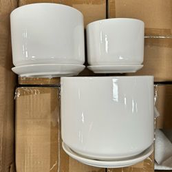 White Flower Pots Garden Planters Set 3 Indoor outdoor ceramic plant pots round with Saucers