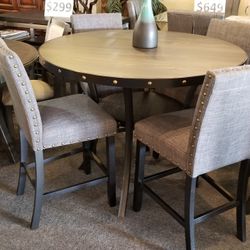 Brand New 48" Round Gray Counter High Dining Table + 4 Chairs
