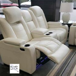 Brand New Living Room 💥 Cinema Couch| Theater Sofa| White Leather Power Reclining Loveseat With Adjustable Headrest, Cup Holders, Storage Console|