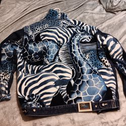 Raw Blue Rugged Denim Zebra Giraffe Print Heavy Mens Large Jean Jacket