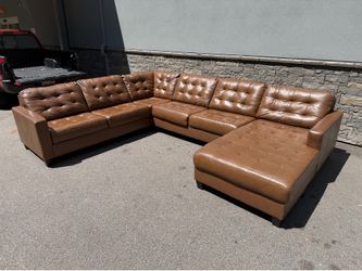 Large Brown Leather U-Shaped Tufted Sectional Sofa