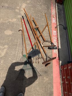 Lot of Garden Tools Rakes and Brooms