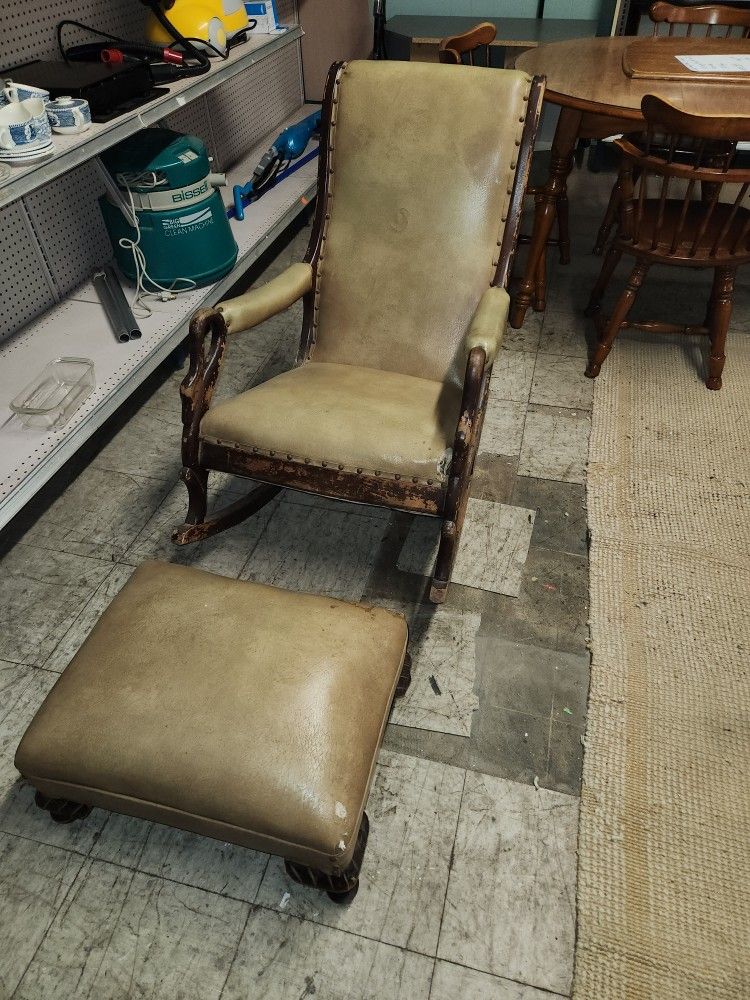 Leather Goose Arm Rocker With Stool