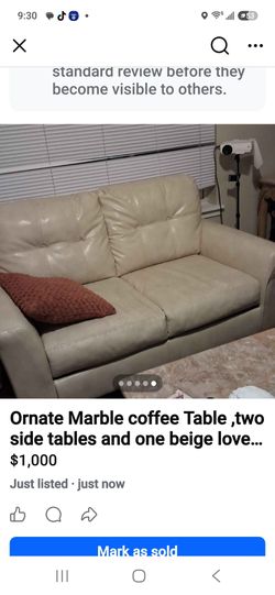 Beige Leather Loveseat,marble coffee table and two side matching tables