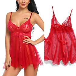 Size L | Sexy Women’s Red Lace See-Through Front Split Halter Nightgown 