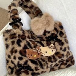 Hello Kitty Plush Bag Purse Handbag Leopard Print 10.24”x7.87” Sanrio Anime Brown Kuromi Cinnamoroll ♥️ 