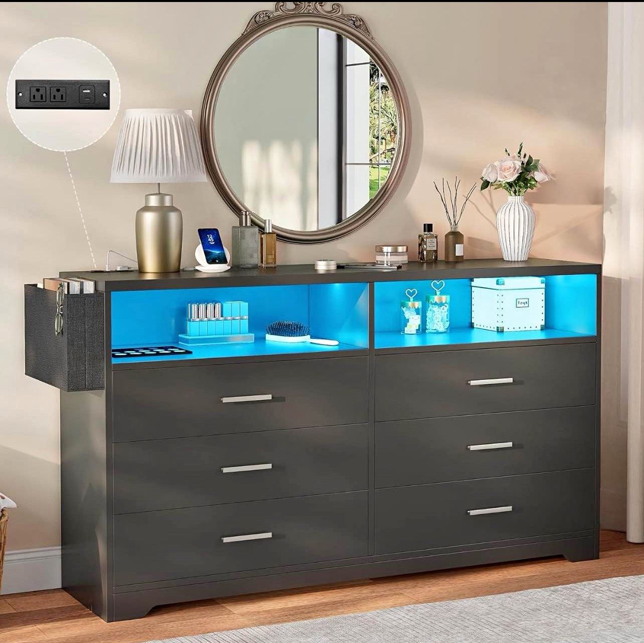 6 Drawer Dresser with Charging Station and LED Lights, Chest of Drawers with Open Storage Cubby, 55"