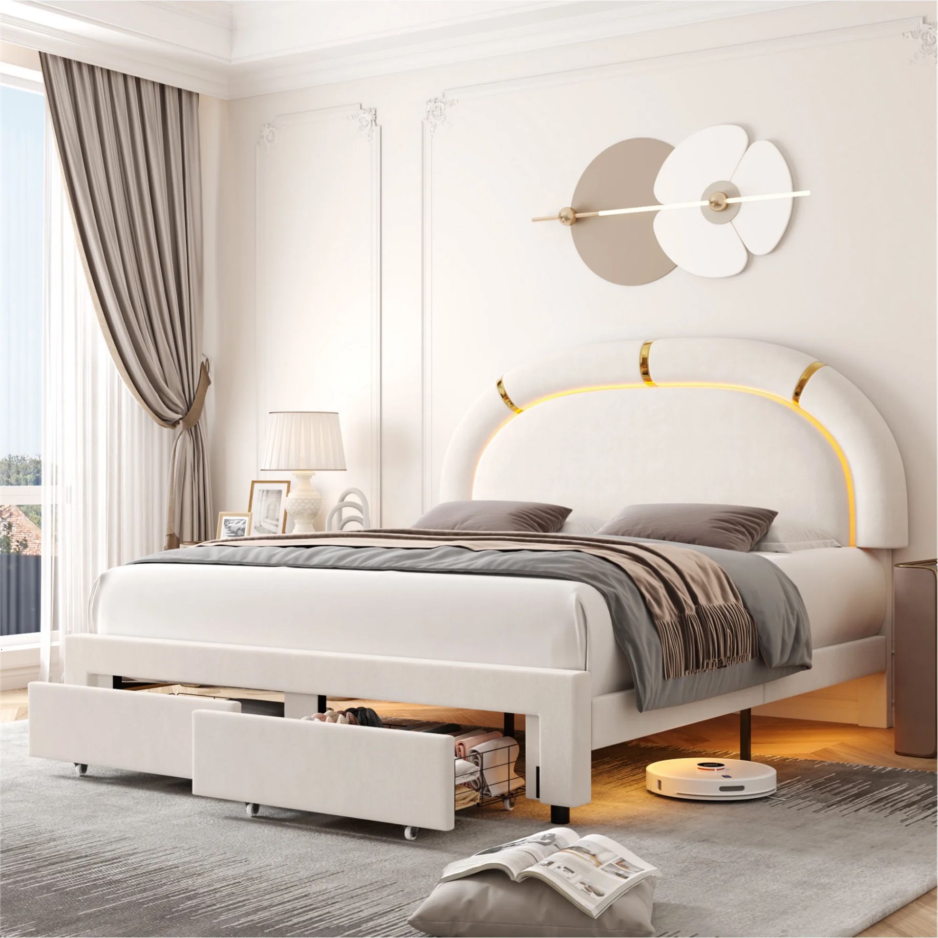 Queen Size LED Bed Frame with 2 Storage Drawer, Modern Velvet Tufted Upholstered Platform Bed with Arched Headboard, Beige
