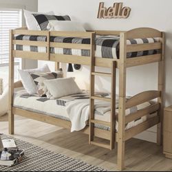 Solid Wood Twin-over-Twin Convertible Bunk Bed with Ladder and Guardrails, Natural Pine