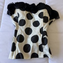 🌹 Forever 21 Strapless Polka Dot Peplum Corset Top with 3D Rosette Collar & Built-In Padded Bra – Retro Chic Statement Piece (Size S)