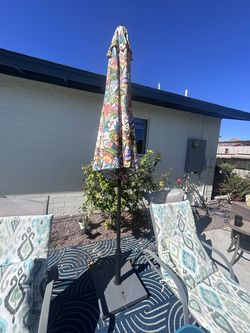 Large floral umbrella and base