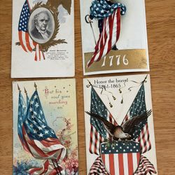 Four Antique Patriotic, Red White And Blue American Flag President Buchanan Postcards