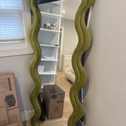 Large Wavy Green Velvet Floor Mirror – Statement Piece