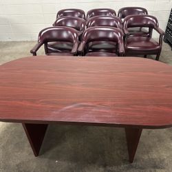 Conference Table With 8 Chairs Office Furniture Brown Burgundy 