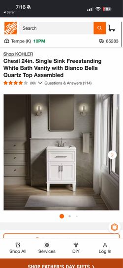 KOHLER Chesil 24in. Single Sink Freestanding White Bath Vanity,  Bianco Bella Quartz Top Assembled