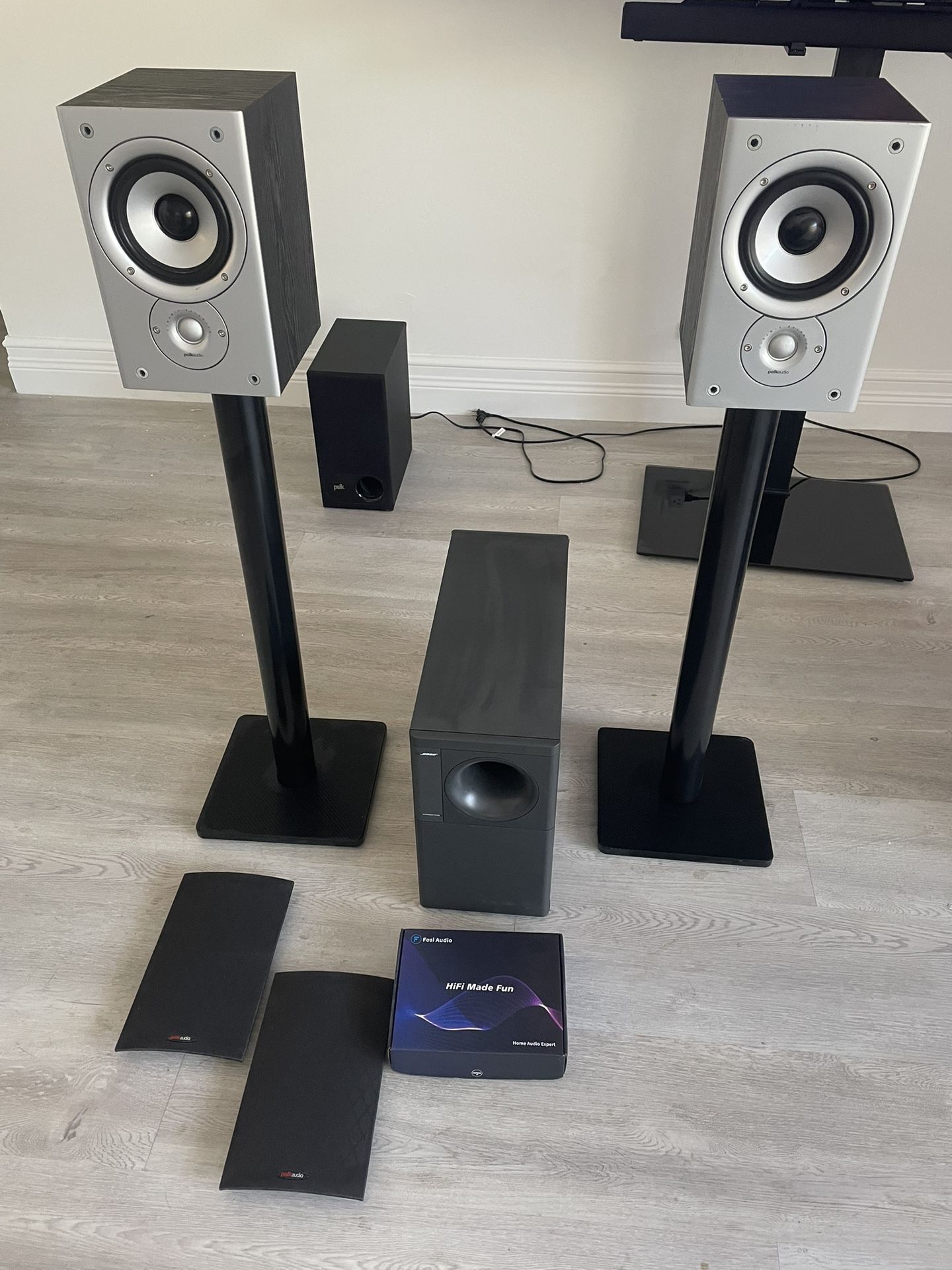 Polk Audio Monitor 30 Pair Set Bookshelf Speakers Speaker On Stands Passive Subwoofer 100W Bluetooth Amplifier Fosi Bose