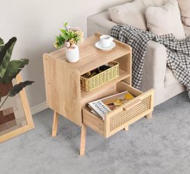NEW Nightstand End Table Side Table bookshelf with Rattan Drawer and Open Shelf