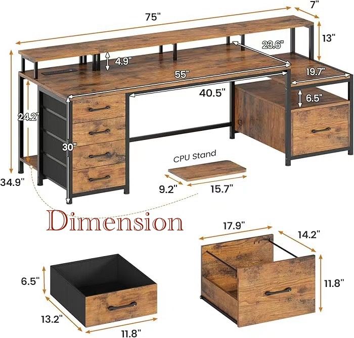 🥨SEDETA Home Office Desk with File Drawer & Power Outlet, 75'' Large Computer Desk with 5 Drawer, Storage Shelves, Monitor Shelf and Led Lights