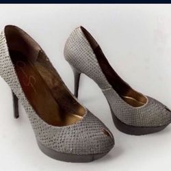 Size 7.5 Peep Toe Heels Faux Ostrich Gray Brown Platform Jessica Simpson