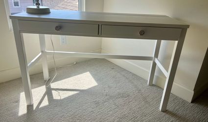 White IKEA Hemnes desk with Decorative Knobs