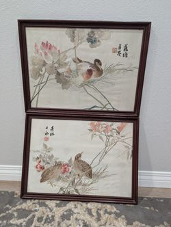 Pair of Antique Chinese Embroidered on Silk Art Pictures Garden Birds & Mandarin Ducks 20.5"x 15"
