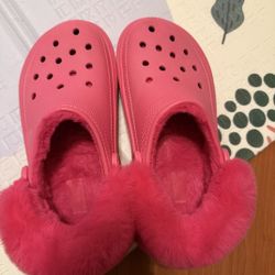 Red Furry Crocs Worn Once