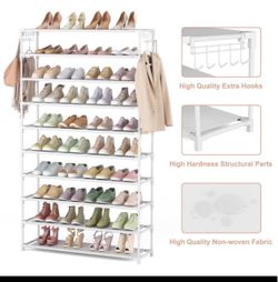 10-Tier White Metal Shoe Rack with Hooks