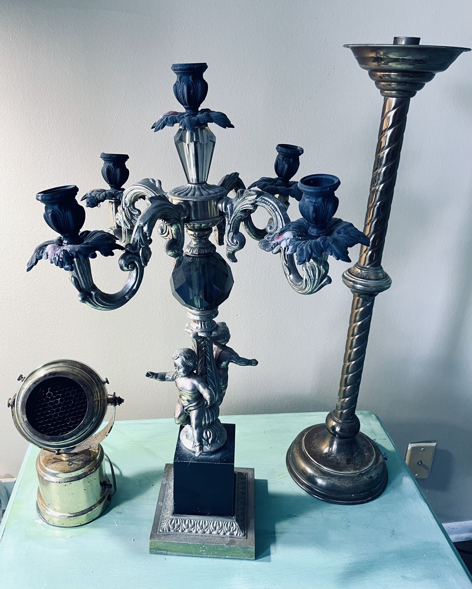 Bronze Gothic cherub candelabra, brass mid century spotlight & candlestick
