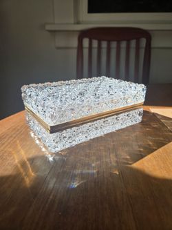 Vintage Baccarat Style Crystal & Brass Casket Jewelry Trinket Box