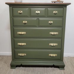 Olive Green 5-Drawer Cherry Wood Dresser