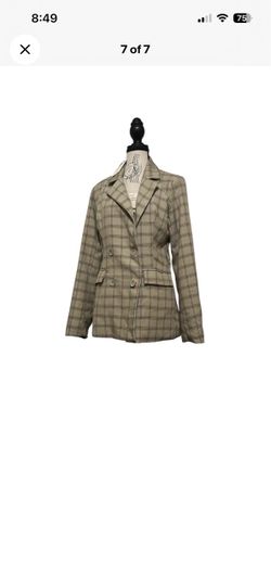 LECHE Women's Med Plaid Blazer Tan Beige Check Double Breasted Suit Jacket