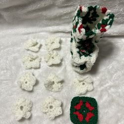 vintage crochet crocheted Christmas stocking boot 9 small flowers granny square