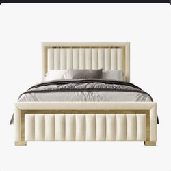 Luxury Upholstered Bed Frame with Gold Accents