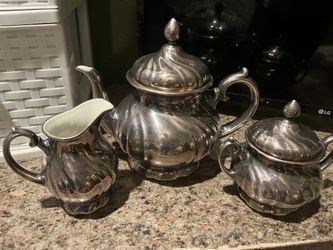 Antique WMF Tea Set Silver Over Porcelain, Tea Pot, Sugar and Creamer