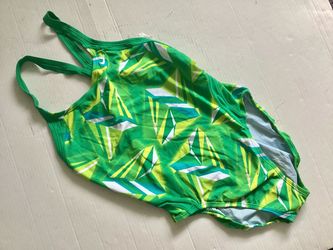 NEW Nike 1 Piece Swimsuit Women’s Size 12 Racerback High Performance Swimwear Green Yellow Blue
