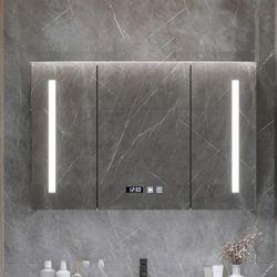 36"x26" Smart Medicine Cabinet w/ LED Light Mirror, Time Temperature Display w/ Storage Solid Wood 