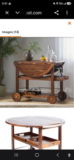 Wood Bar Cart with Drop-Leaf Top and Wheels