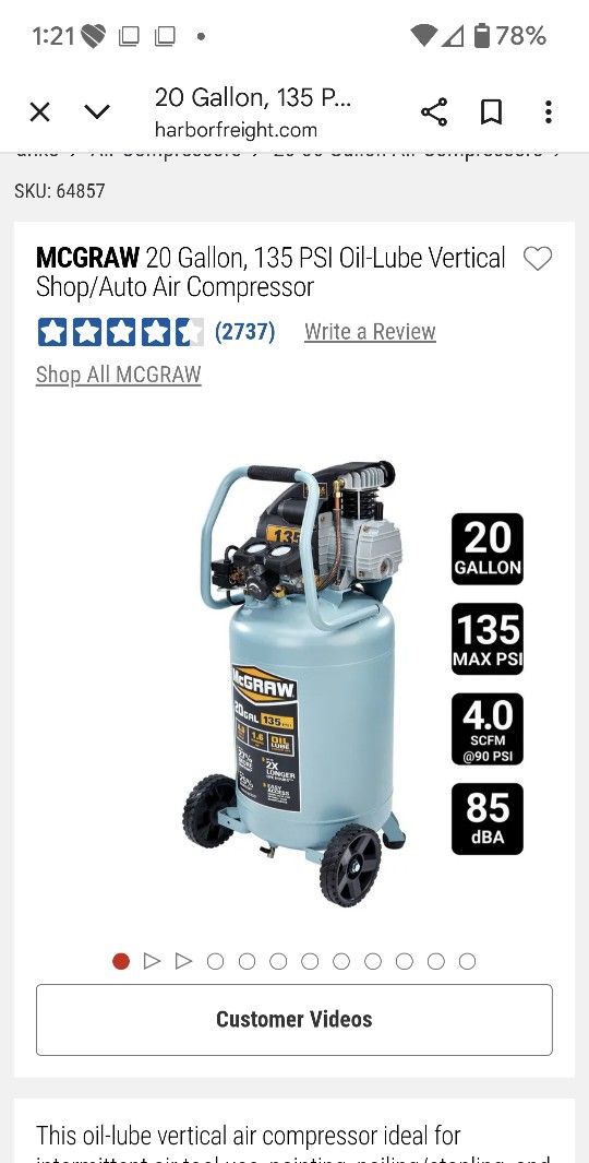 New In Box 20 Gallon McGraw Upright Air Compressor 