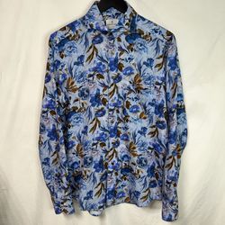 Emanuel Berg Floral Long Sleeve Button Down Shirt Men Small 15 Modern Blue NWOT