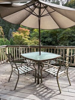 Patio Glass Top Table + Chairs w/ Umbrella