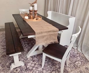 🤍🤎 table white and brown walnut 2 two chairs benches dinning comedor dinner dining set farmhouse trestle pew