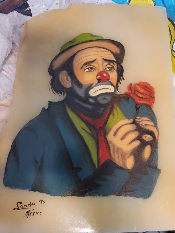Emmett Kelly painting on granite. By Sandra. Mexico 1993