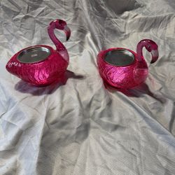 2 - Bath and Body Works Pink FLAMINGO WATER GLOBE 3 Wick Candle Holder Light Up