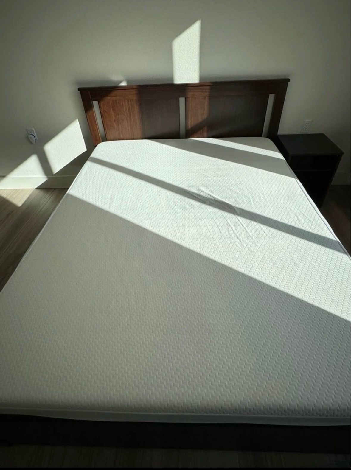 Queen size Bed, Bedframe, Mattress & Bedside Table